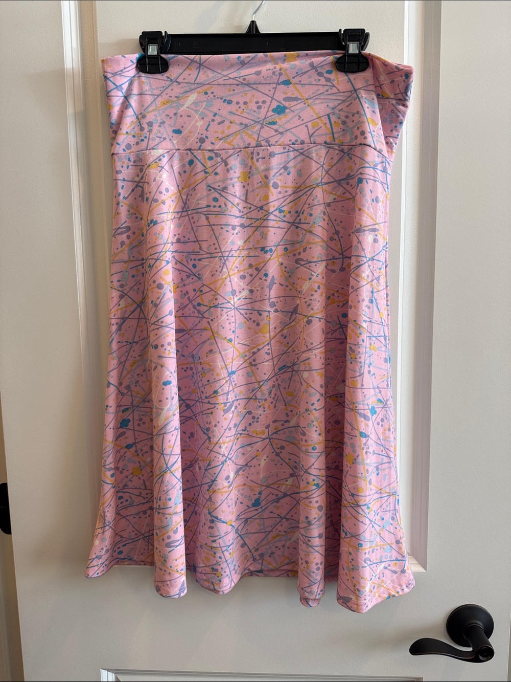 LuLaRoe Pink Splatter Circle Skirt with Blue & Yellow Accents